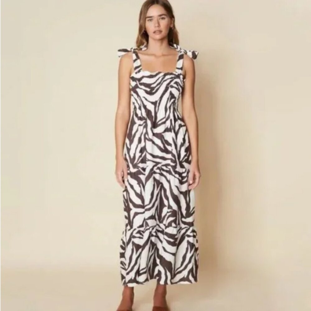 Faithfull the Brand Brown White Zebra Javelina Rianne Smocked Midi Dress Size 4